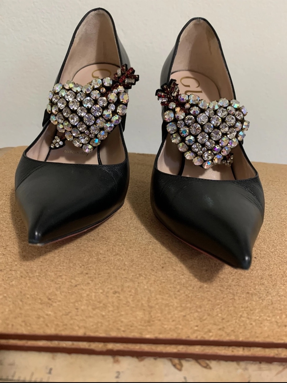Gucci Black Leather Crystal Heart Mary Jane Pumps - Picture 10 of 13